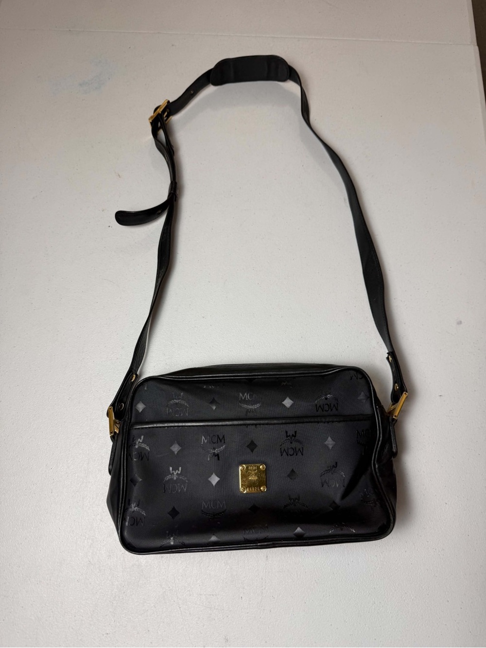 MCM vintage black nylon and leather monogram shoulder bag with gold-tone
